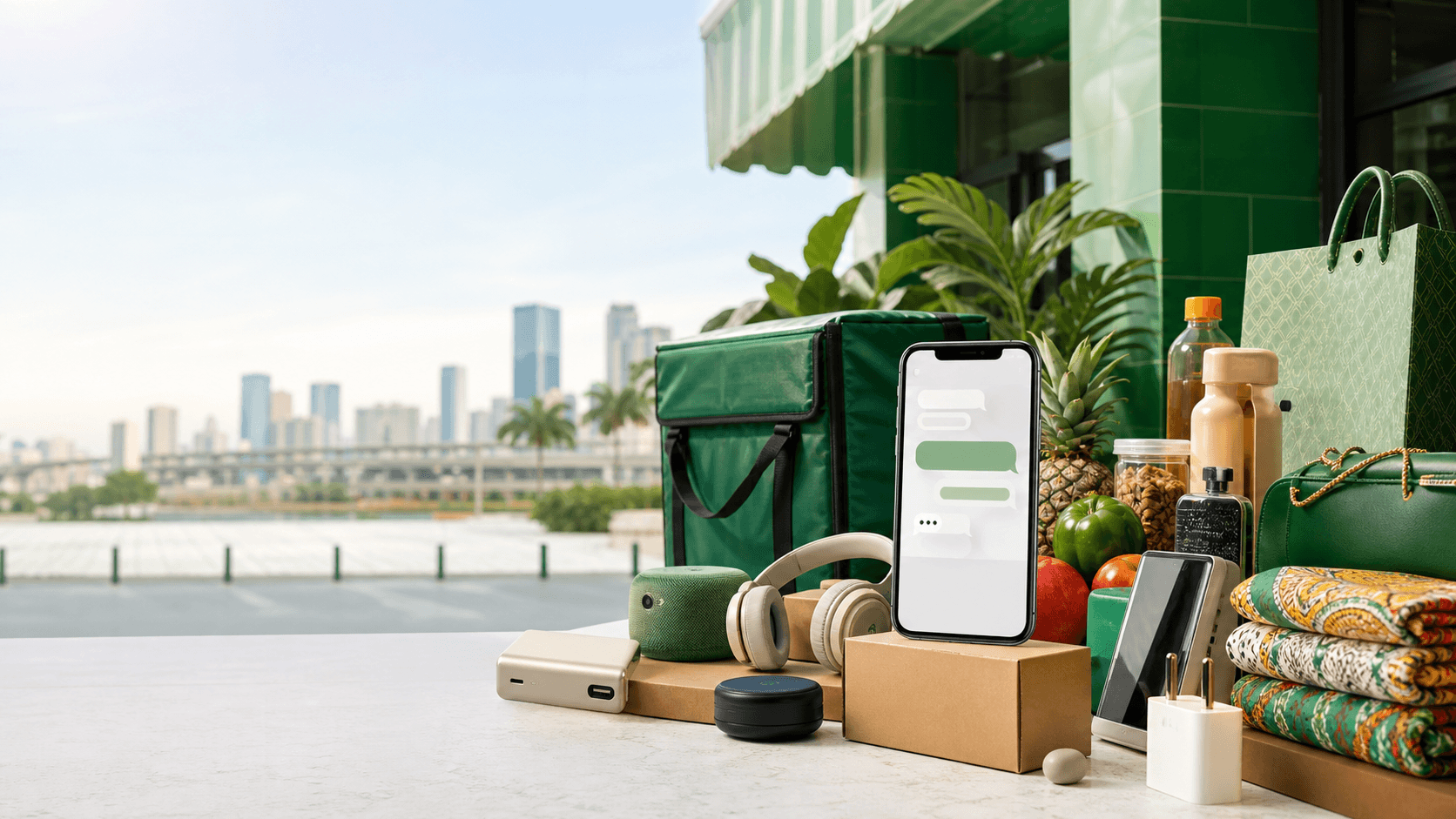 A polished commerce scene with products, delivery items, and a smartphone chat interface